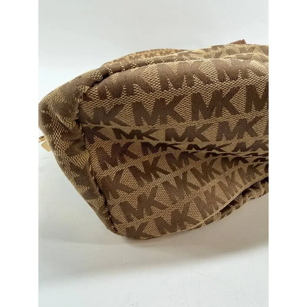 Michael Kors MK Logo Backpack Brown Tan Canvas Leather Trim Small Backpack